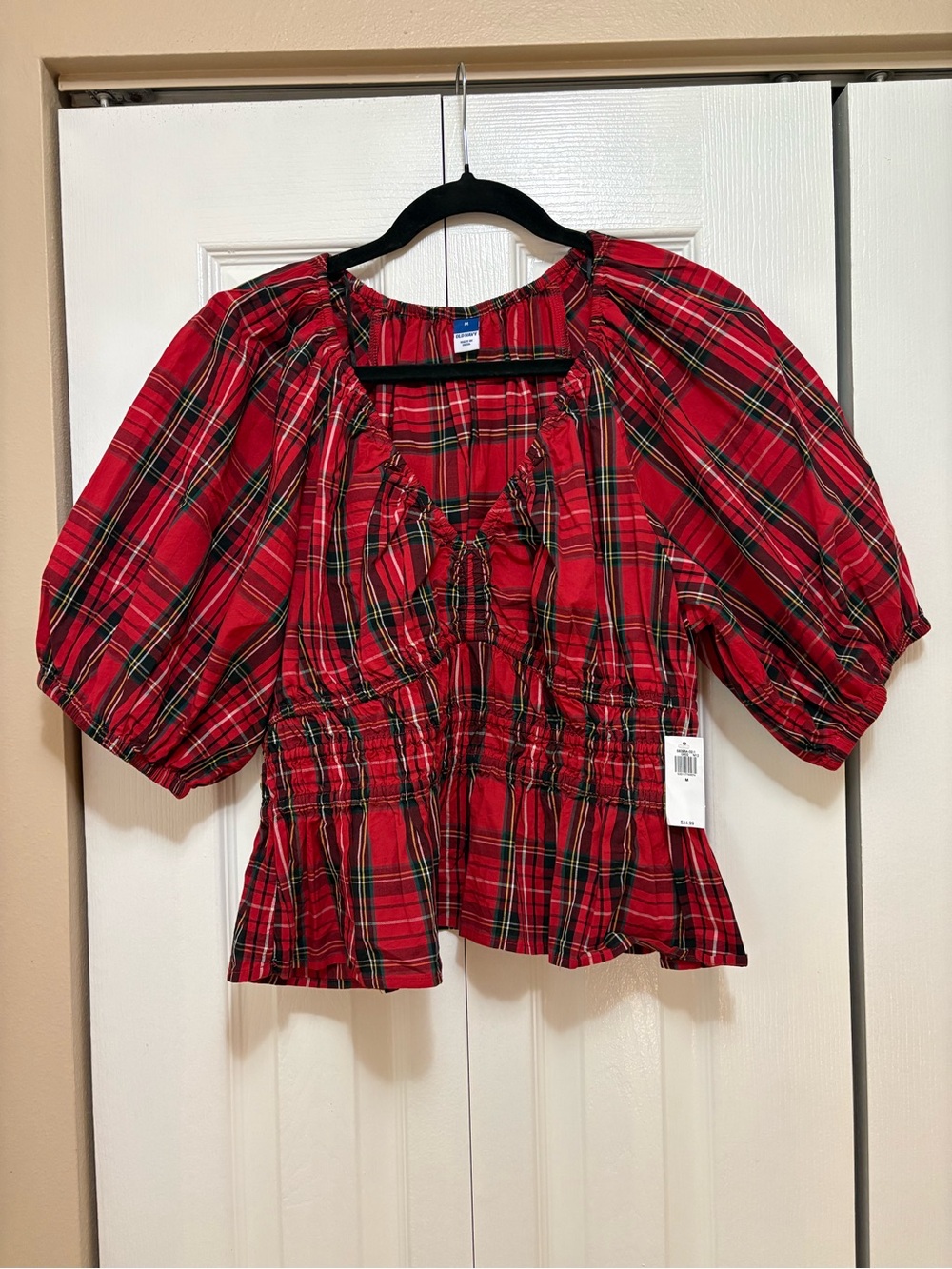 Women’s Old Navy Plaid Peasant Blouse with Puff Sleeves